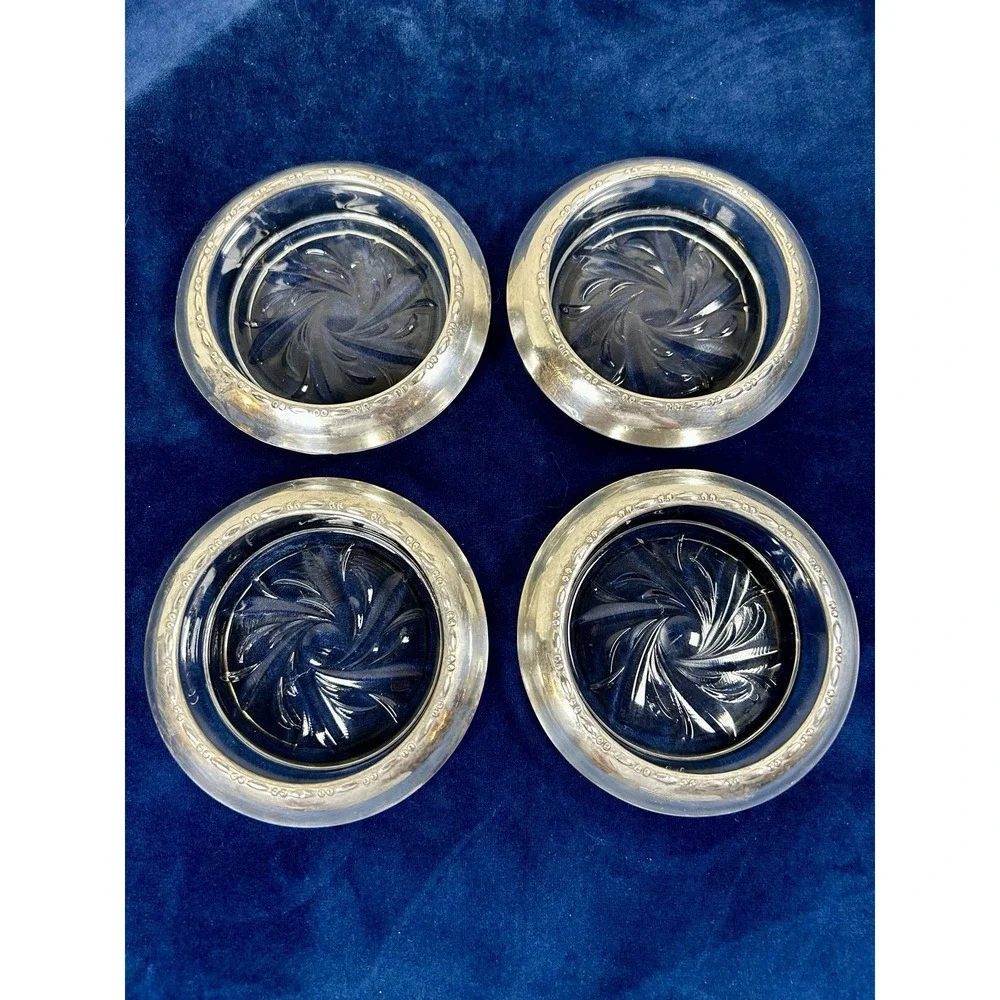 Set of 4 Vintage Amston 144 Sterling Silver & Cut Glass Coasters MCM Barware